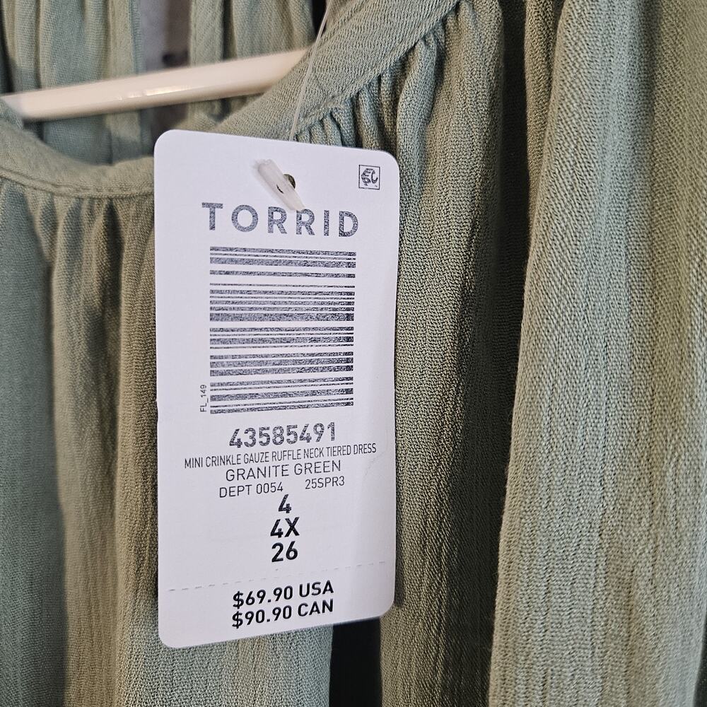 Torrid Mini Crinkle Gauze Ruffle Neck Tiered Dress Size 4X (26) NWT Green - Picture 5 of 7
